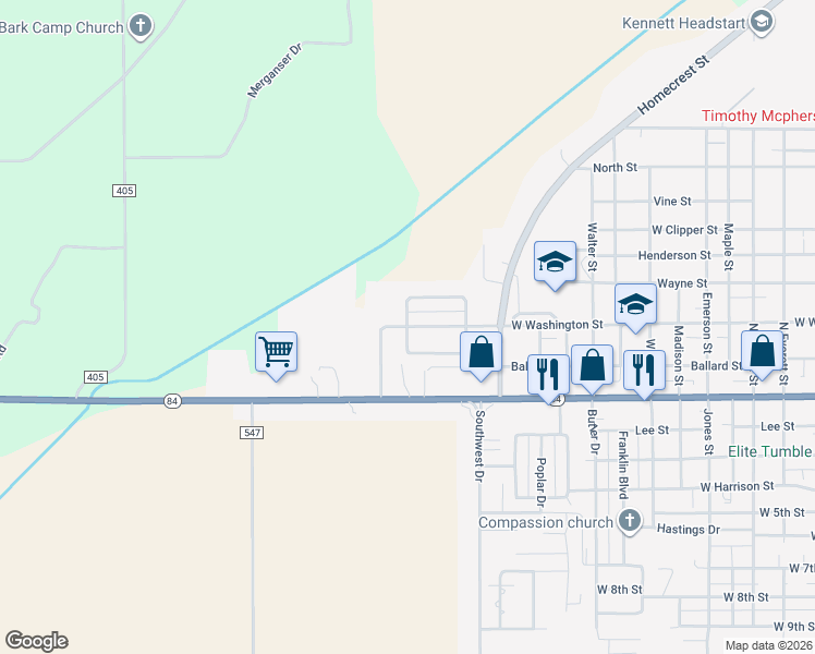 map of restaurants, bars, coffee shops, grocery stores, and more near 270 West Lincoln Circle in Kennett