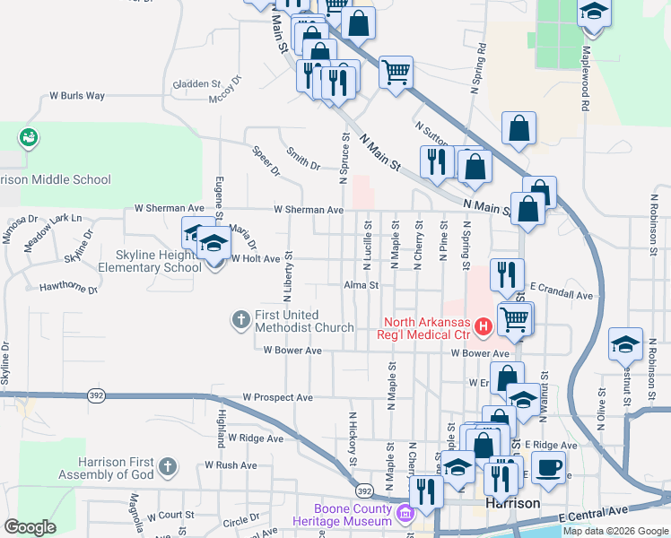 map of restaurants, bars, coffee shops, grocery stores, and more near 717 West Alma Avenue in Harrison
