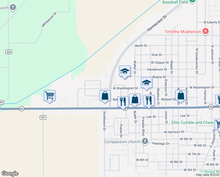 map of restaurants, bars, coffee shops, grocery stores, and more near 1487 West Washington Street in Kennett