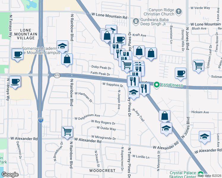 map of restaurants, bars, coffee shops, grocery stores, and more near 6440 West Gladiolus Court in Las Vegas