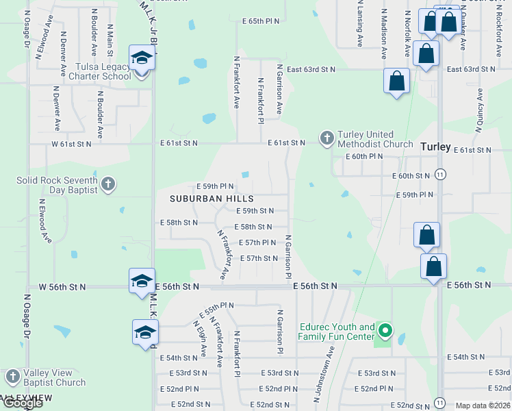 map of restaurants, bars, coffee shops, grocery stores, and more near 566 East 59th Street North in Tulsa