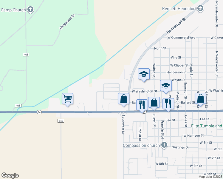 map of restaurants, bars, coffee shops, grocery stores, and more near 1605 West Washington Street in Kennett