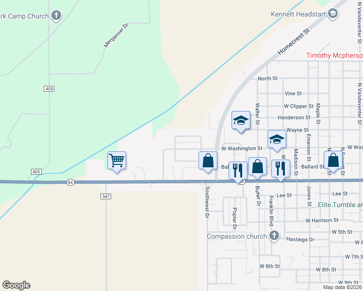map of restaurants, bars, coffee shops, grocery stores, and more near 100-270 West Lincoln Circle in Kennett