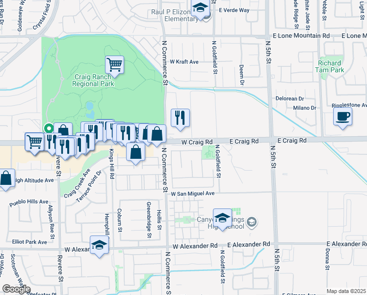 map of restaurants, bars, coffee shops, grocery stores, and more near 136 Zenith Point Avenue in North Las Vegas