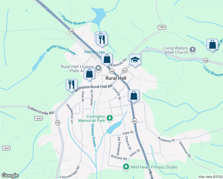 map of restaurants, bars, coffee shops, grocery stores, and more near 181 Belle Meade Avenue in Rural Hall