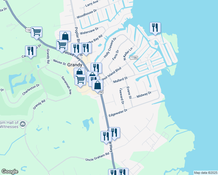 map of restaurants, bars, coffee shops, grocery stores, and more near 104 Walnut Island Boulevard in Grandy