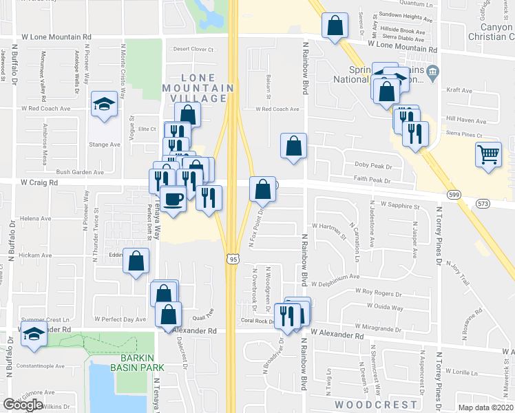 map of restaurants, bars, coffee shops, grocery stores, and more near 4344 North Fox Point Drive in Las Vegas