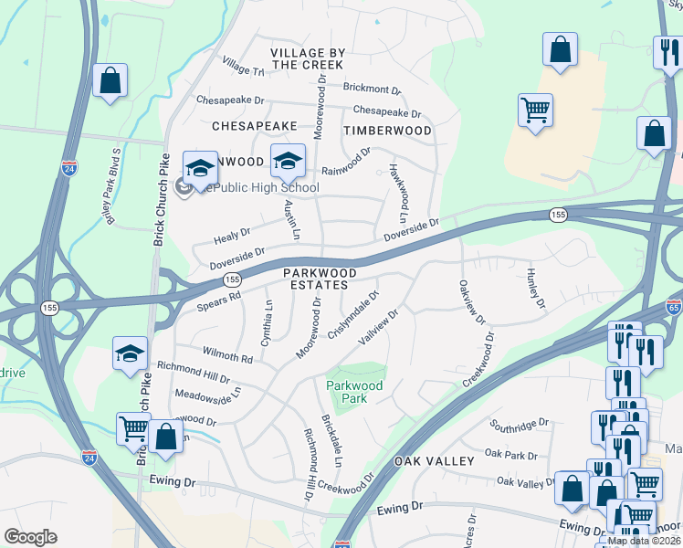 map of restaurants, bars, coffee shops, grocery stores, and more near 3302 Doverside Drive in Nashville