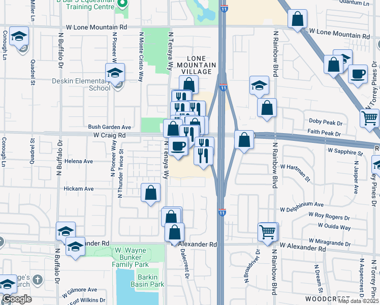 map of restaurants, bars, coffee shops, grocery stores, and more near 7101 West Craig Road in Las Vegas