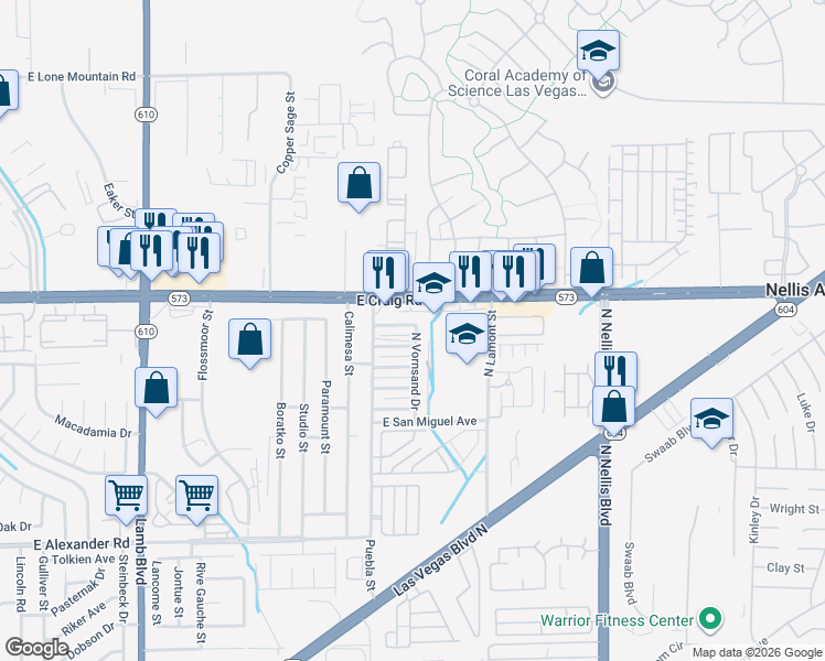 map of restaurants, bars, coffee shops, grocery stores, and more near 4771 East Craig Road in Las Vegas