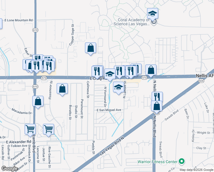 map of restaurants, bars, coffee shops, grocery stores, and more near 4771 East Craig Road in Las Vegas