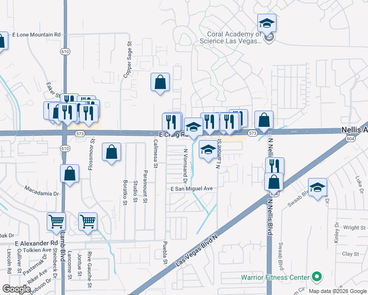 map of restaurants, bars, coffee shops, grocery stores, and more near 4771 East Craig Road in Las Vegas