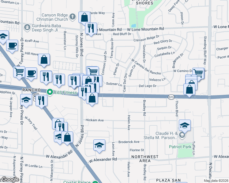 map of restaurants, bars, coffee shops, grocery stores, and more near 4418 La Reina Circle in Las Vegas
