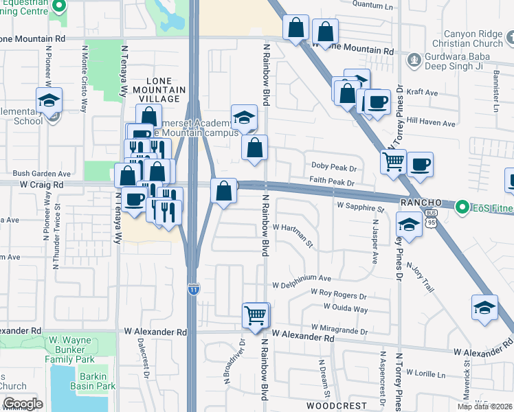 map of restaurants, bars, coffee shops, grocery stores, and more near 6732 West Accent Court in Las Vegas