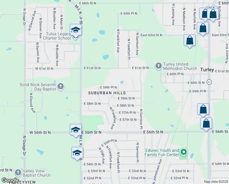 map of restaurants, bars, coffee shops, grocery stores, and more near 434 East 59th Place North in Tulsa