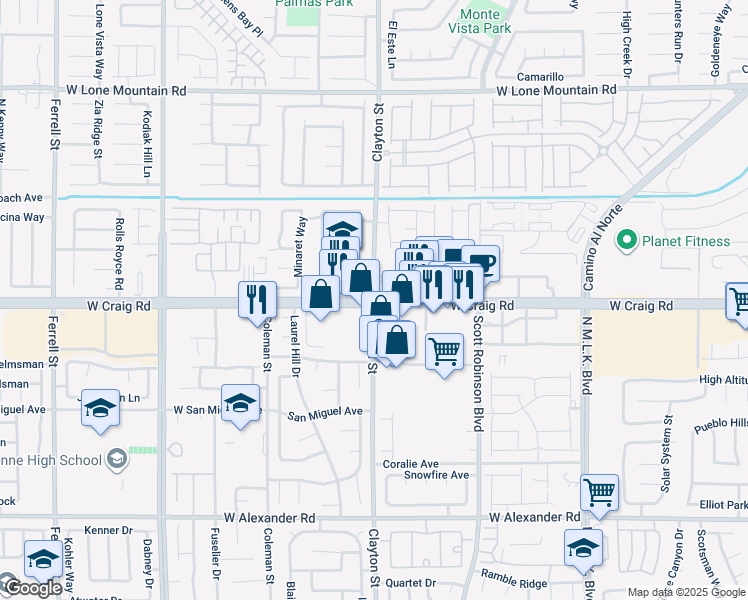 map of restaurants, bars, coffee shops, grocery stores, and more near West Craig Road & Clayton Street in North Las Vegas