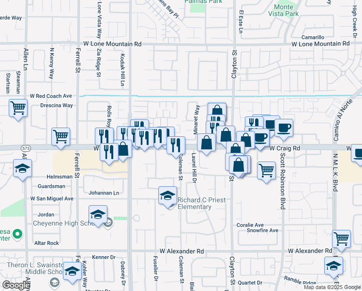 map of restaurants, bars, coffee shops, grocery stores, and more near West Craig Road in North Las Vegas