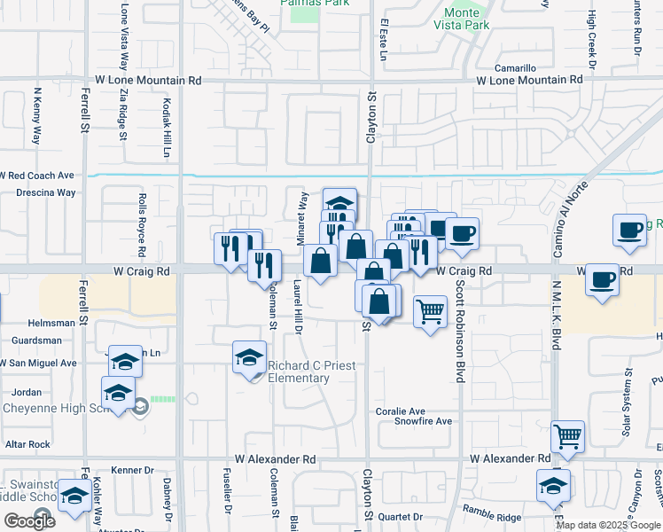 map of restaurants, bars, coffee shops, grocery stores, and more near West Craig Road in North Las Vegas