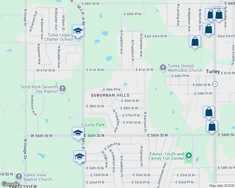map of restaurants, bars, coffee shops, grocery stores, and more near 434 East 59th Place North in Tulsa