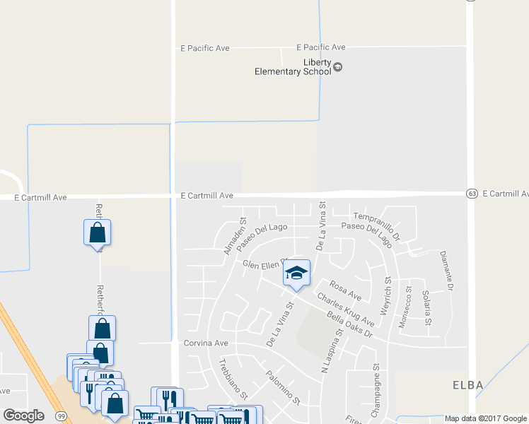 map of restaurants, bars, coffee shops, grocery stores, and more near 2672 Tamas Court in Tulare