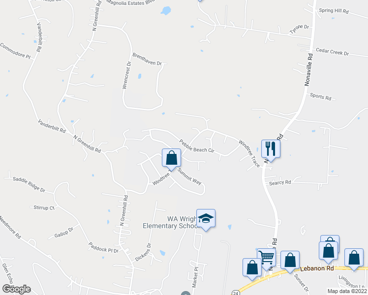 map of restaurants, bars, coffee shops, grocery stores, and more near 1056 Windtree Trace in Mount Juliet