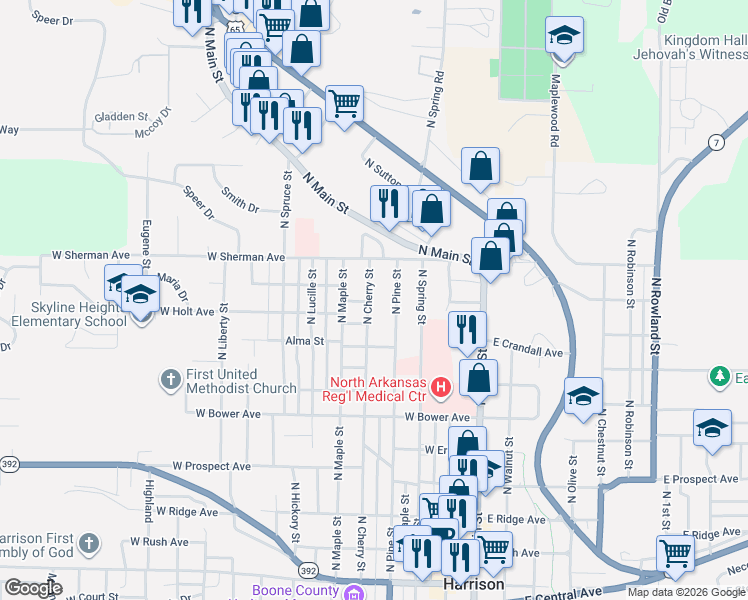 map of restaurants, bars, coffee shops, grocery stores, and more near 1016 North Pine Street in Harrison
