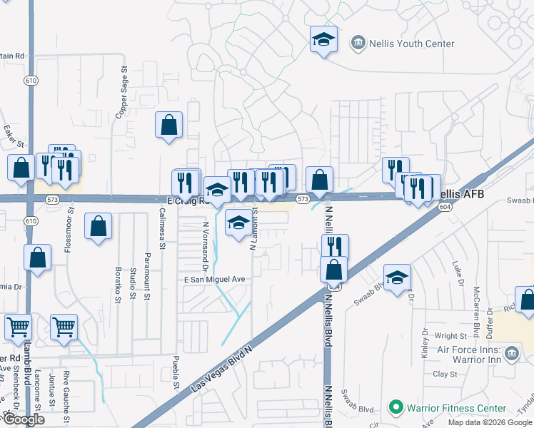 map of restaurants, bars, coffee shops, grocery stores, and more near 4895 East Craig Road in Las Vegas