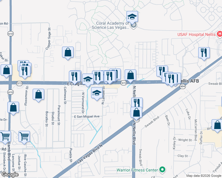 map of restaurants, bars, coffee shops, grocery stores, and more near 4955 East Craig Road in Las Vegas