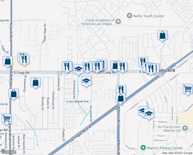 map of restaurants, bars, coffee shops, grocery stores, and more near 4895 East Craig Road in Las Vegas