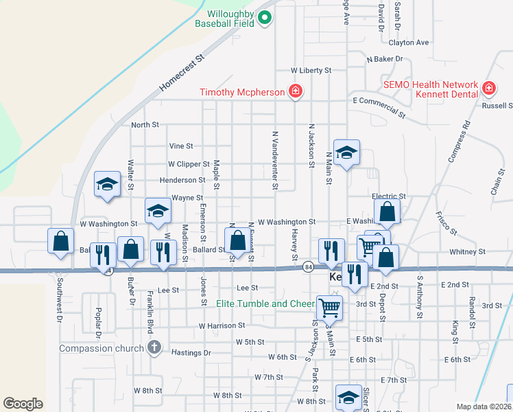 map of restaurants, bars, coffee shops, grocery stores, and more near 308 North Everett Street in Kennett