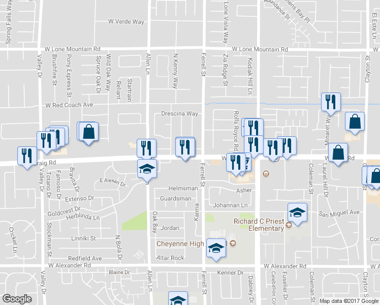 map of restaurants, bars, coffee shops, grocery stores, and more near 3423 Penthouse Place in North Las Vegas