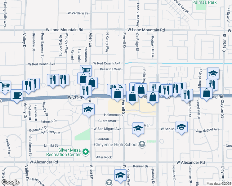 map of restaurants, bars, coffee shops, grocery stores, and more near 3423 Penthouse Place in North Las Vegas