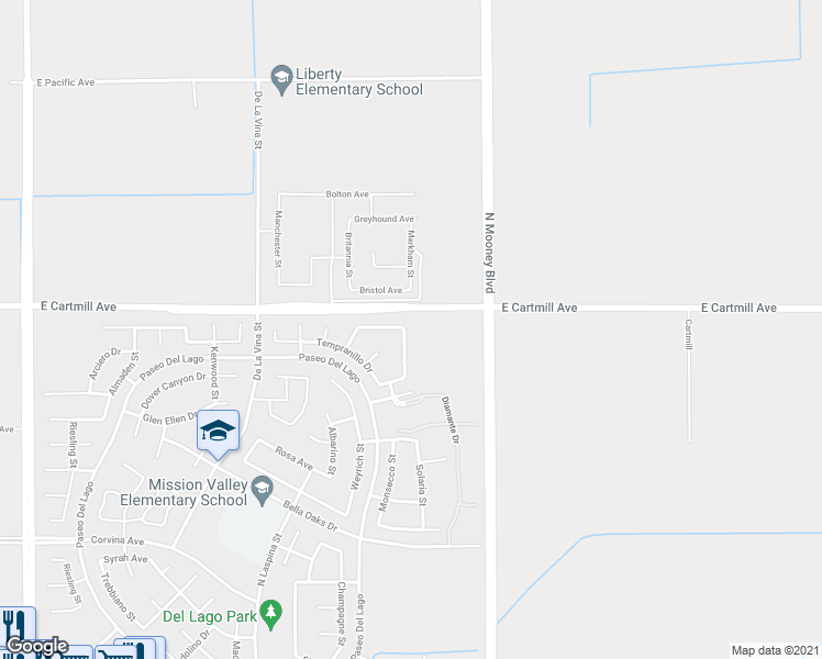 map of restaurants, bars, coffee shops, grocery stores, and more near 2978 Sauvignon Street in Tulare