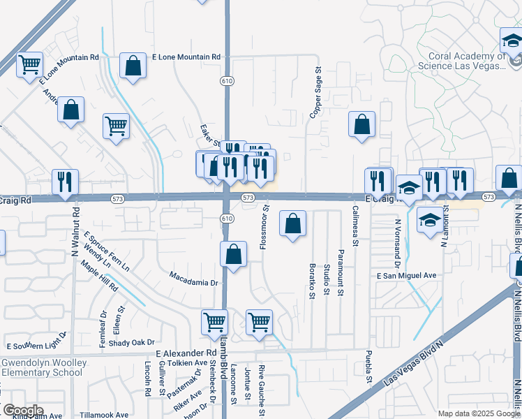 map of restaurants, bars, coffee shops, grocery stores, and more near 4375 East Craig Road in Las Vegas