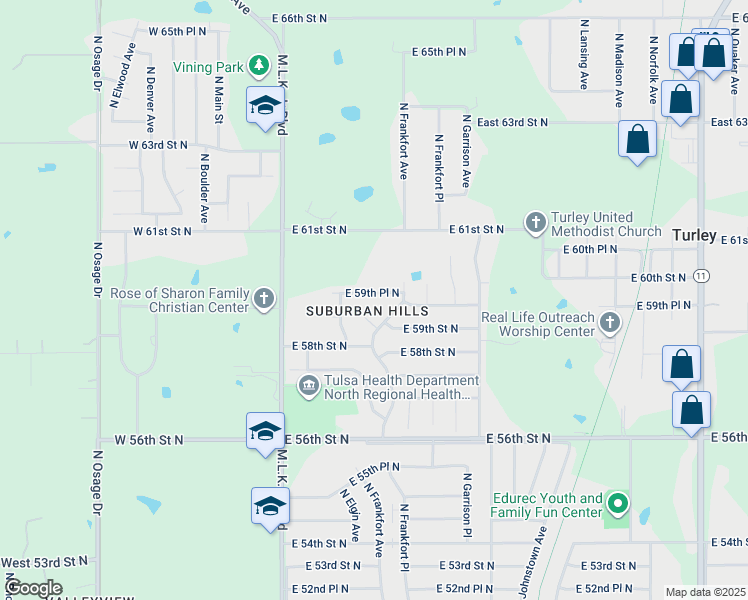 map of restaurants, bars, coffee shops, grocery stores, and more near 434 E 59th Place North in Tulsa