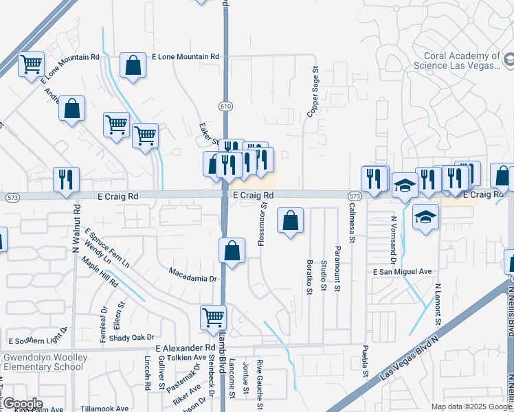 map of restaurants, bars, coffee shops, grocery stores, and more near 4375 East Craig Road in Las Vegas