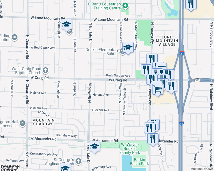 map of restaurants, bars, coffee shops, grocery stores, and more near 4375 North Tioga Way in Las Vegas
