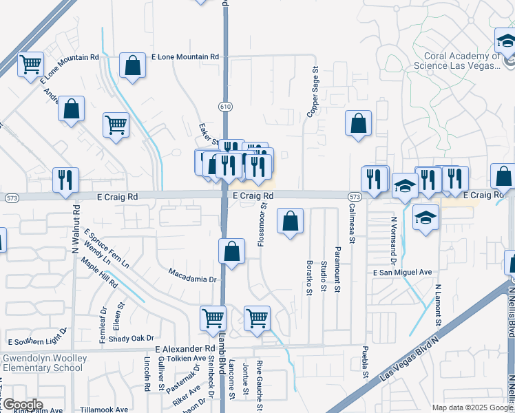 map of restaurants, bars, coffee shops, grocery stores, and more near 4375 East Craig Road in Las Vegas