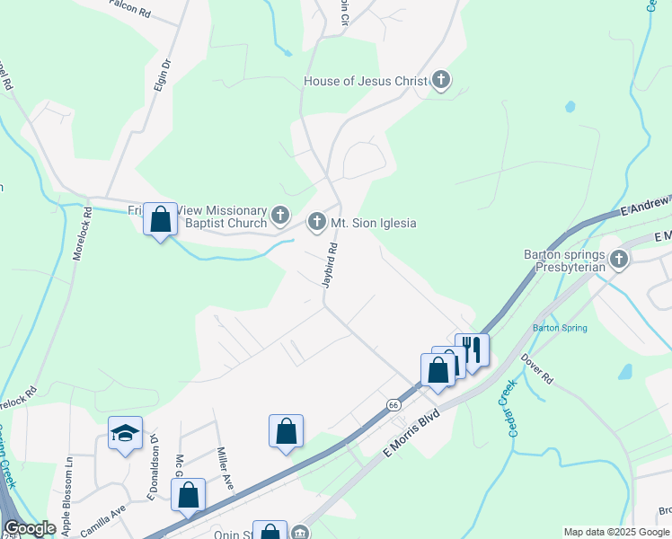 map of restaurants, bars, coffee shops, grocery stores, and more near 662 Jaybird Rd in Morristown