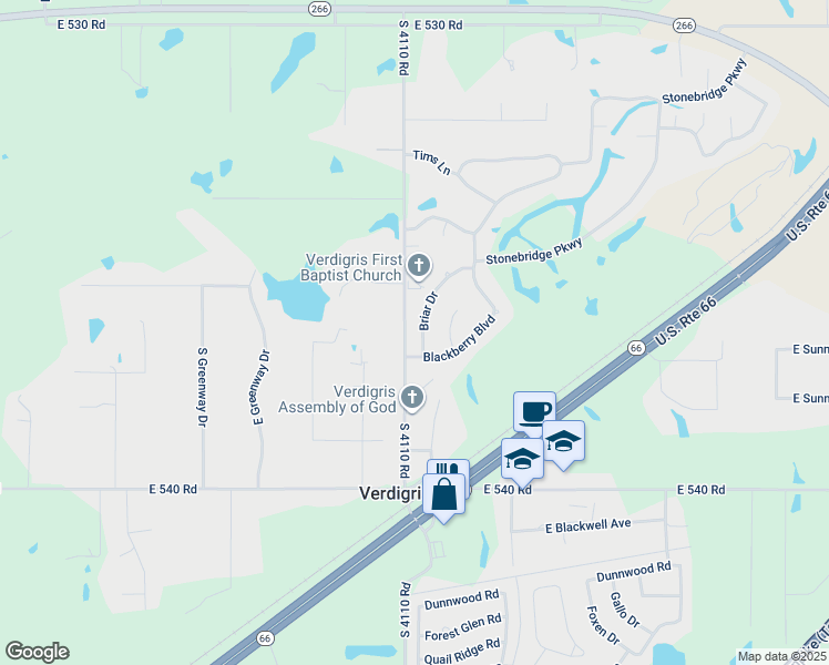 map of restaurants, bars, coffee shops, grocery stores, and more near 25620 Briar Drive in Claremore