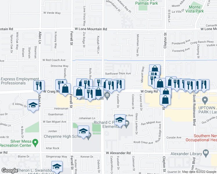 map of restaurants, bars, coffee shops, grocery stores, and more near 2808 West Craig Road in North Las Vegas