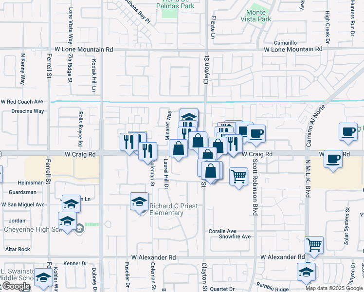 map of restaurants, bars, coffee shops, grocery stores, and more near 2118 West Craig Road in North Las Vegas