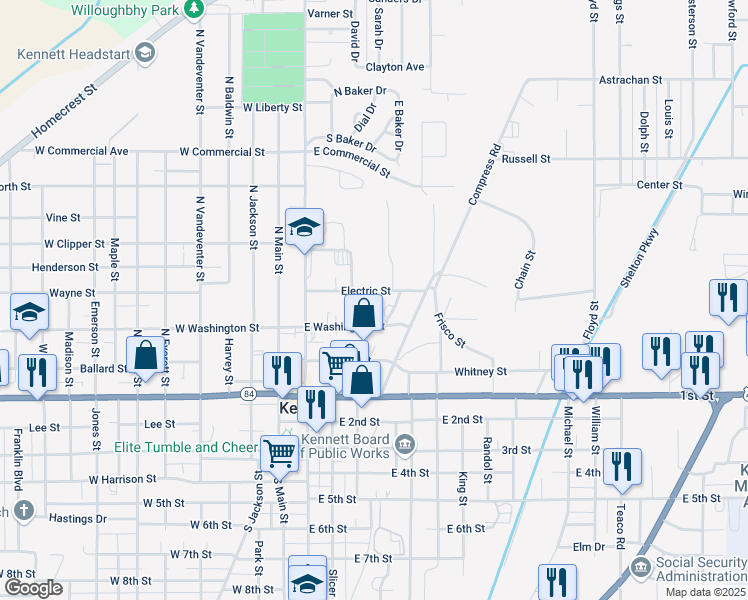 map of restaurants, bars, coffee shops, grocery stores, and more near 407 Electric Street in Kennett