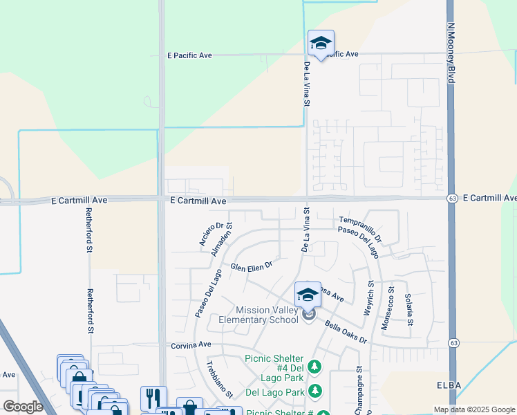 map of restaurants, bars, coffee shops, grocery stores, and more near 1446 Clarete Avenue in Tulare