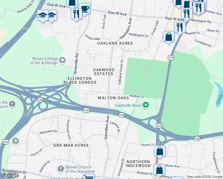 map of restaurants, bars, coffee shops, grocery stores, and more near 1611 Saunders Avenue in Nashville