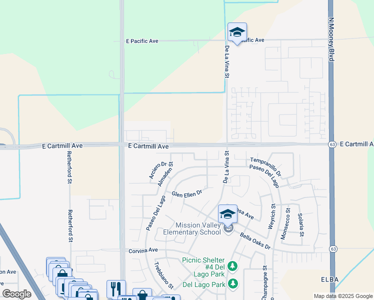 map of restaurants, bars, coffee shops, grocery stores, and more near 1434 Clarete Avenue in Tulare
