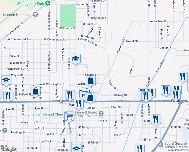 map of restaurants, bars, coffee shops, grocery stores, and more near 407 Electric Street in Kennett