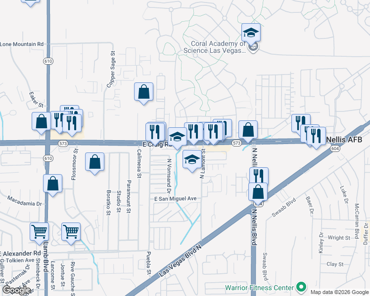 map of restaurants, bars, coffee shops, grocery stores, and more near 4851 East Craig Road in Las Vegas