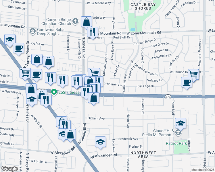 map of restaurants, bars, coffee shops, grocery stores, and more near 5725 Solimar Lane in Las Vegas