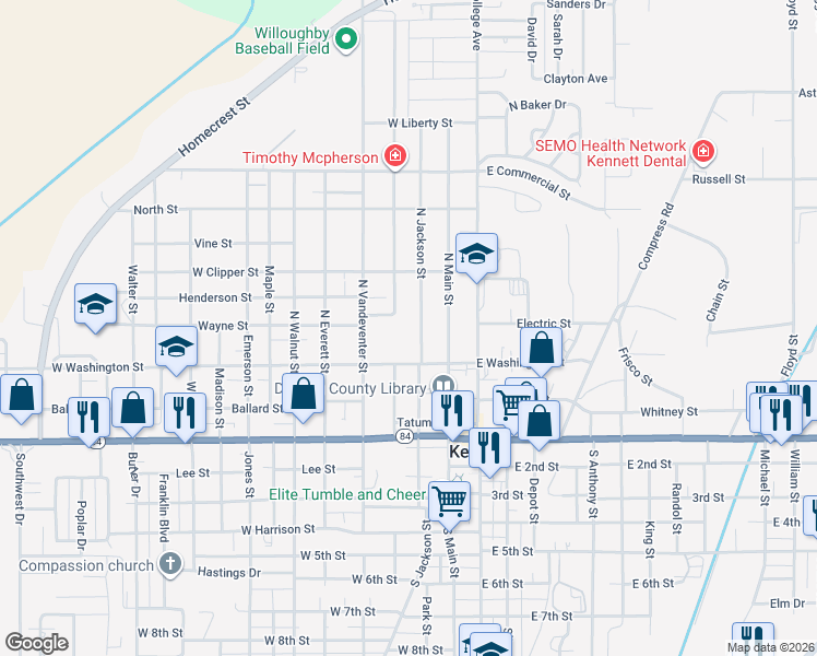 map of restaurants, bars, coffee shops, grocery stores, and more near 307 North Jackson Street in Kennett